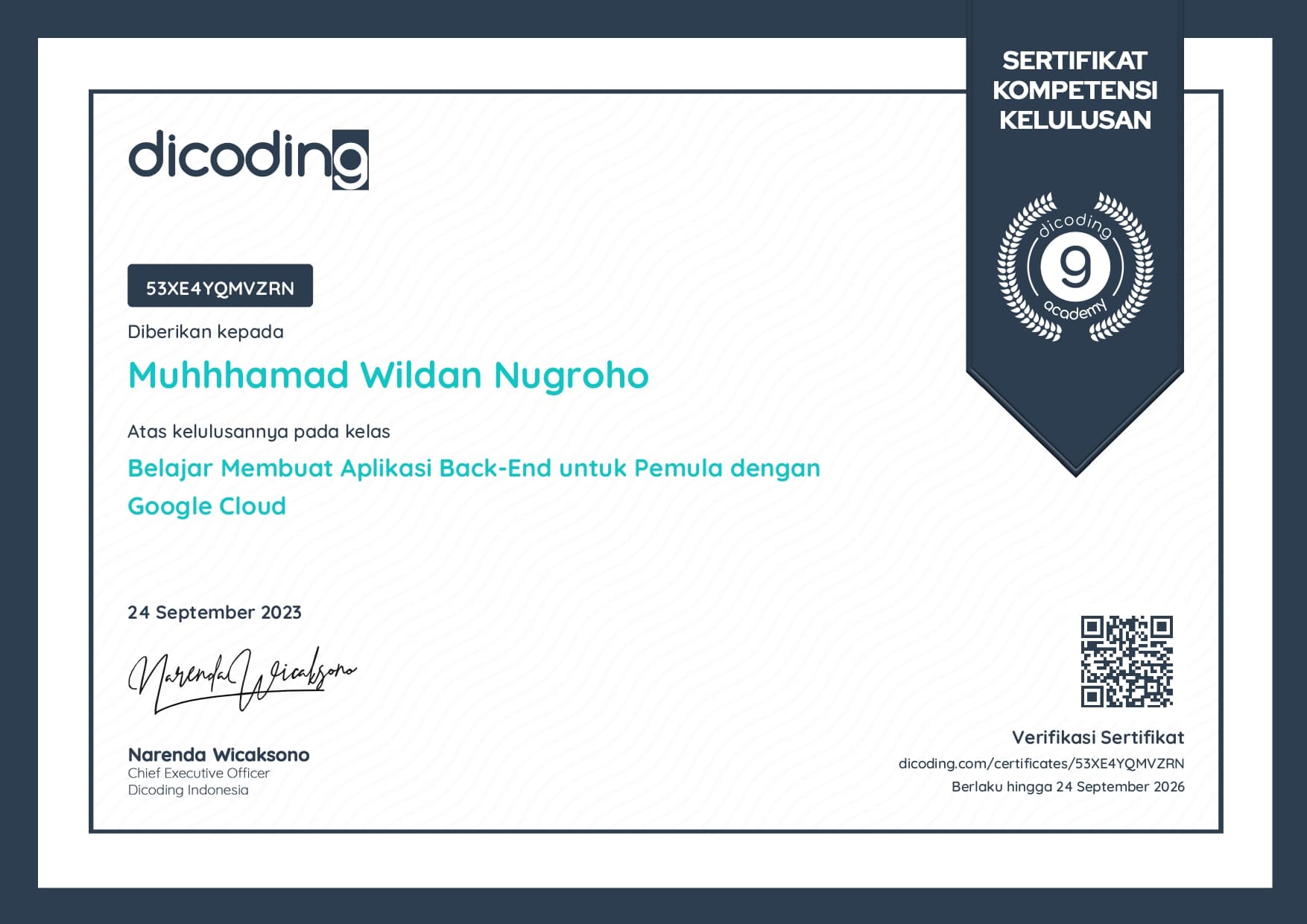 Belajar Membuat Aplikasi Back-End untuk Pemula Certificate